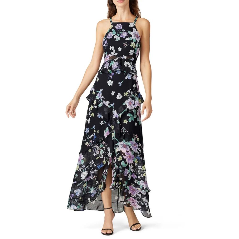 Great Jones Navy Floral Print Ruffle Hem Sleeveless Halter Maxi Dress Size 4